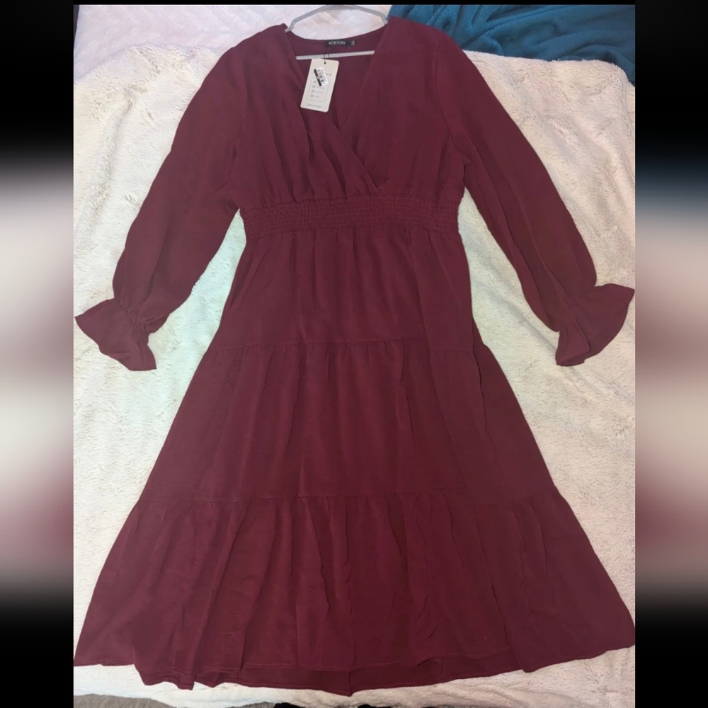 Wine Red KOJOOIN Tiered Midi Dress – Size 2X NWT